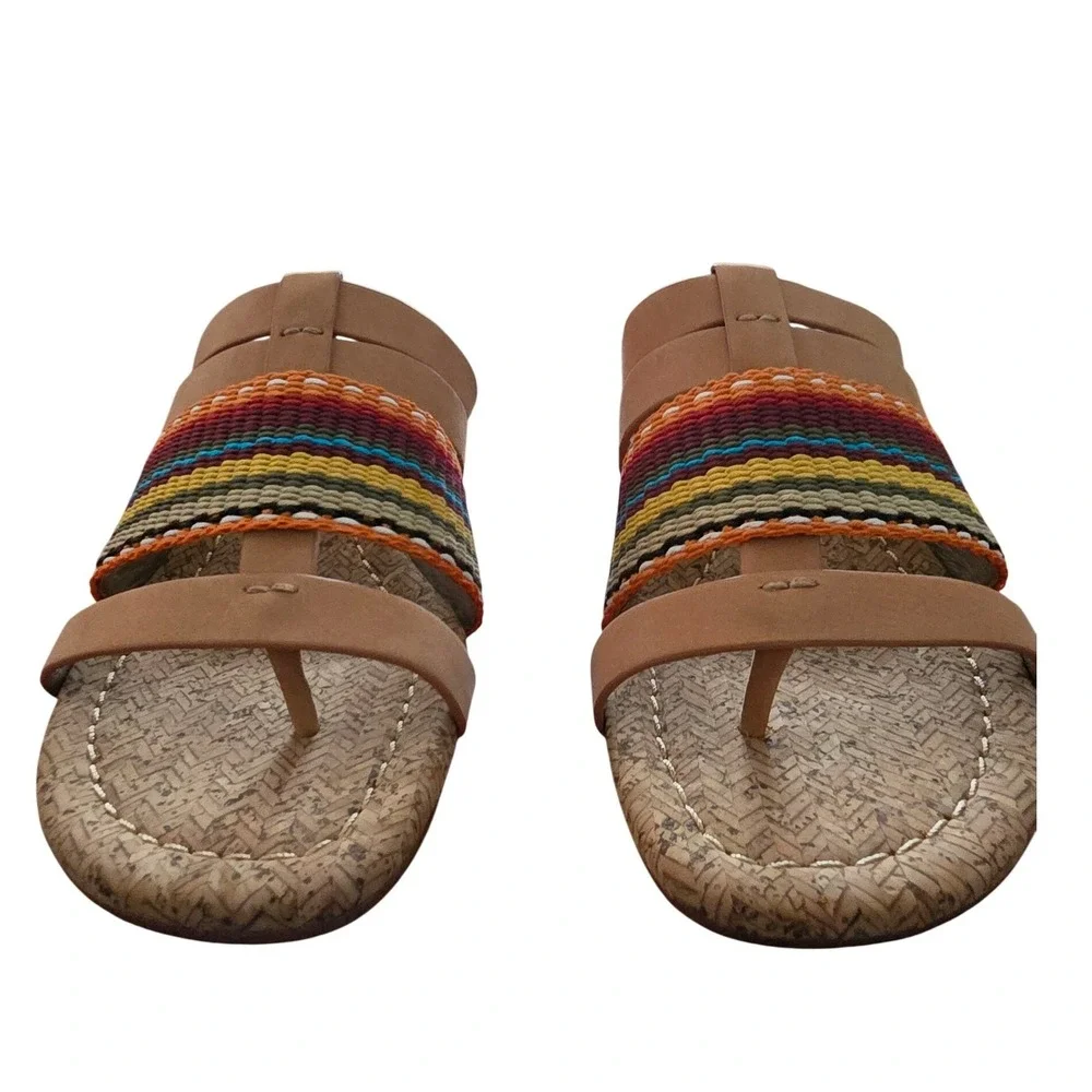 Donald Pliner Womens 7.5M Tan Multi Color Woven Leather Cork Wedge Sandals Italy
